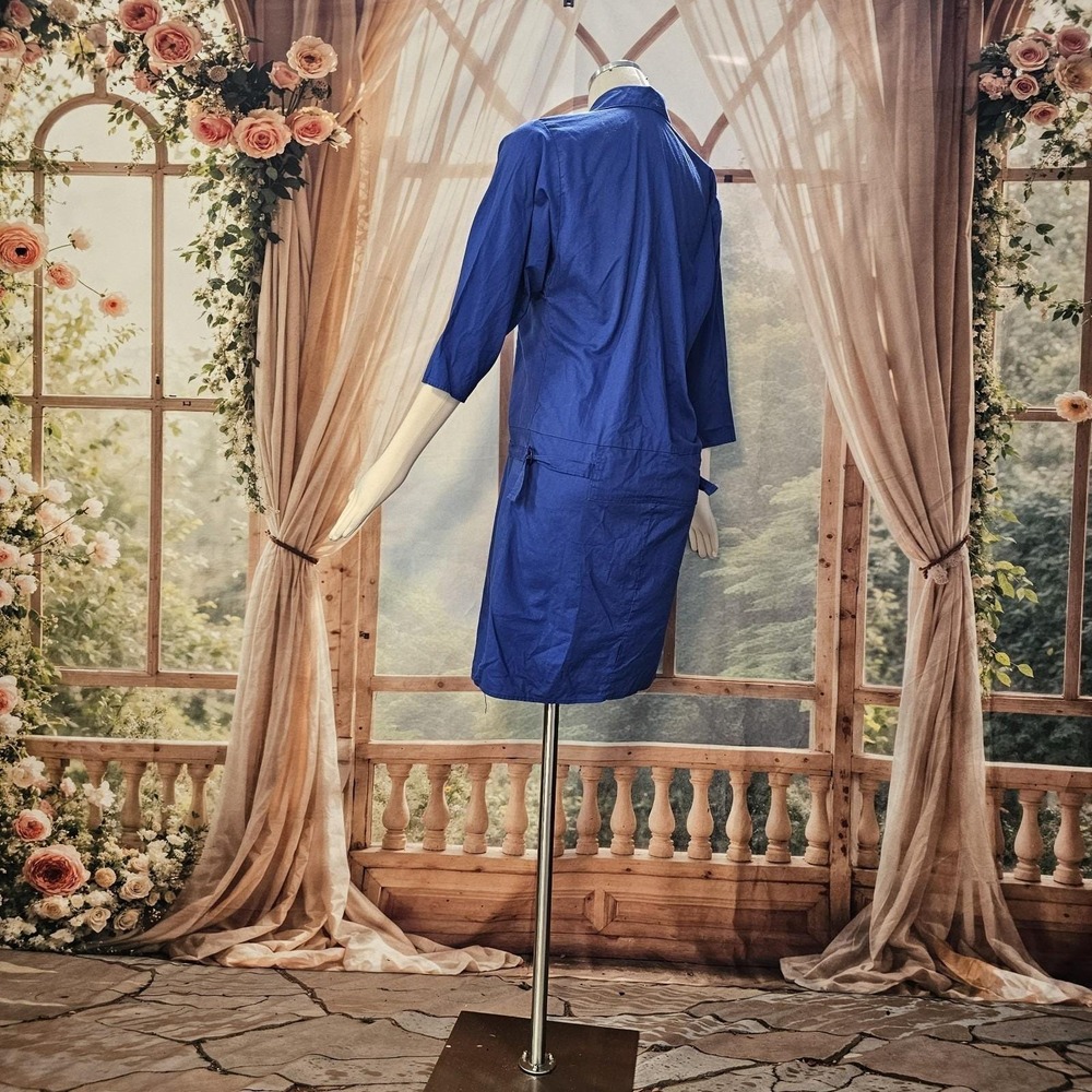 Vintage 1980s Dress Royal Blue Drop Waist Long Sleeve Button Down Collared - Picture 9 of 16